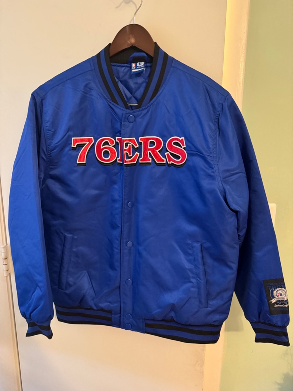 NBA Blue Varsity Bomber Jacket with Red & White 76ERS Script